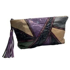 Vintage Patchwork Leather Clutch w/ Tassel | Multicolor Oversized Statement Bag